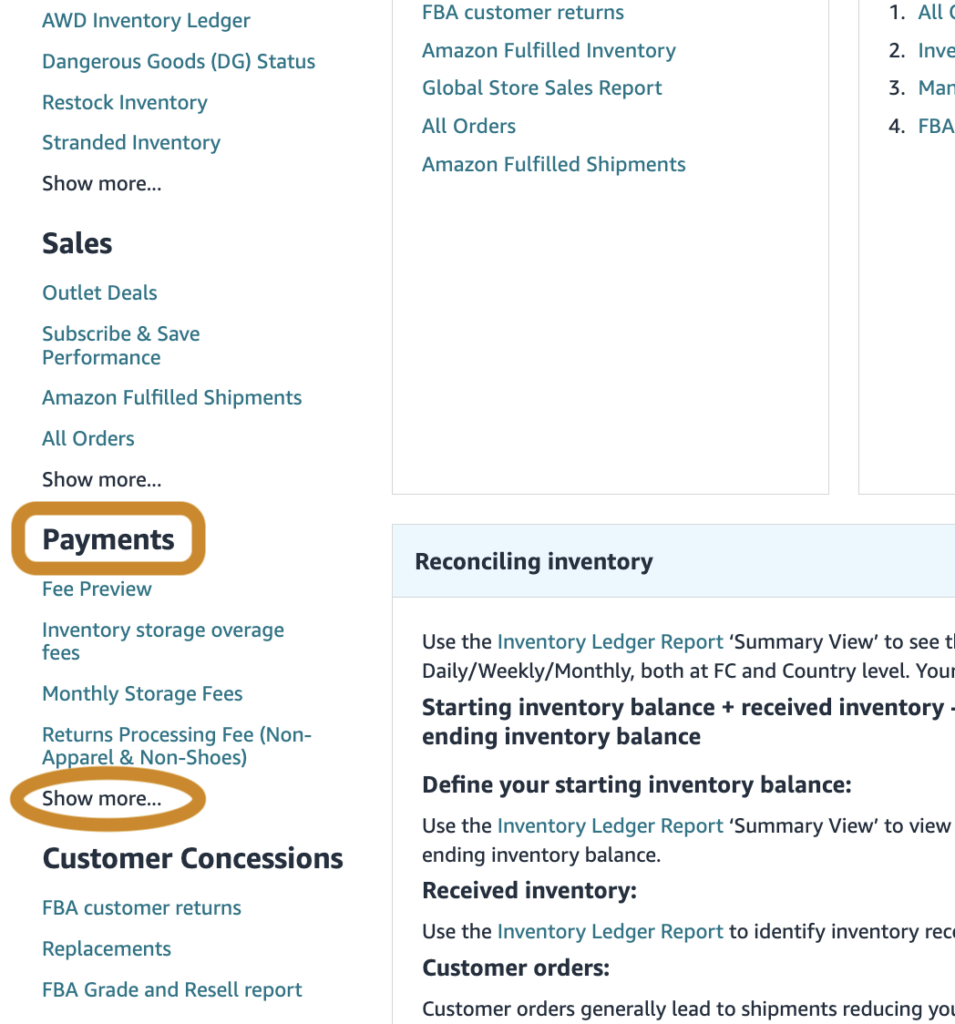 Screenshot of the Fulfillment page in your Seller Central account, focusing on the Payment section to view the aged inventory surcharge report. The section displays all payment options, and clicking 'Show more' will reveal additional options.
